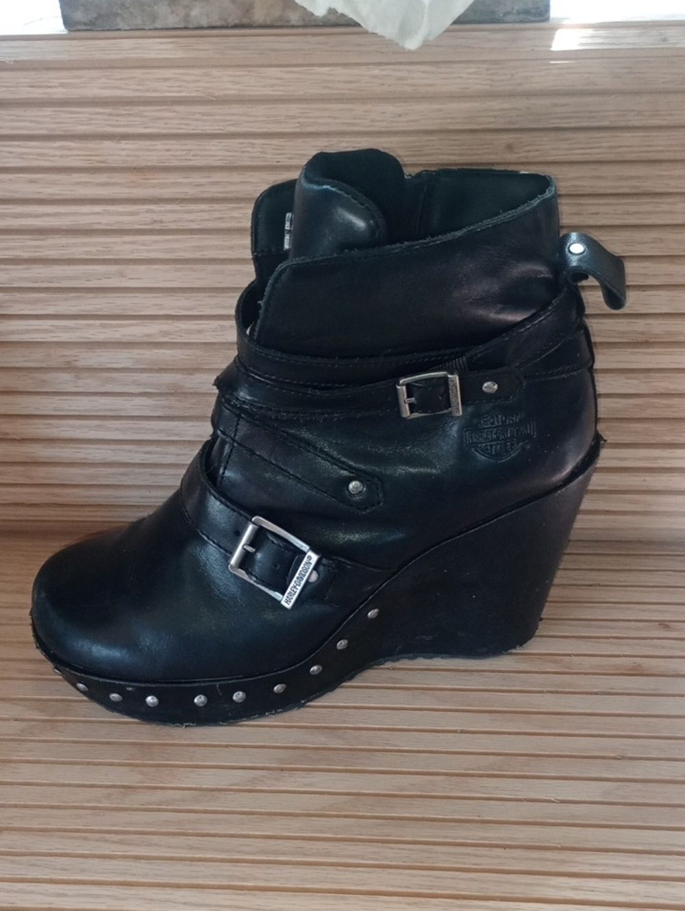 Harley-Davidson Black Wedge Ankle Boots with Studded Trim